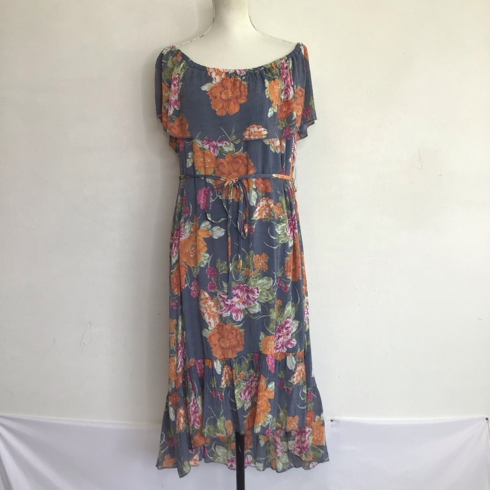 Mlle Gabrielle Elegant Slate Blue Floral Off Shoulder Summer Maxi Sundress SZ 3X